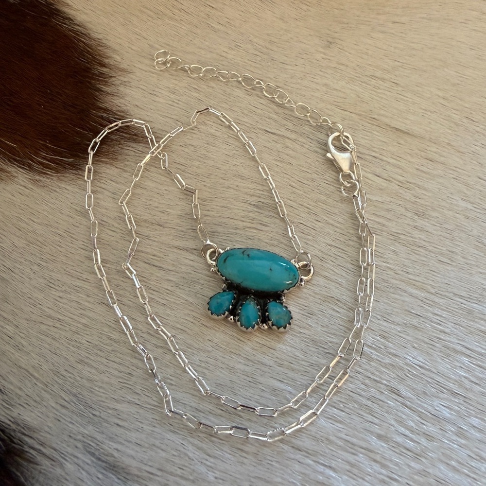 ❤️ Kingman Turquoise 4 Stone Pendant 925 Sterling 16+2” Adj Paper Clip Necklace - Picture 6 of 15